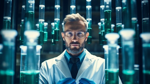 A scientist surrounded by vials and beakers in a modern laboratory, proudly displaying a vaccine.