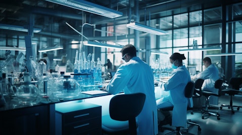 A laboratory setting with a team of scientists working on a clinical trial.