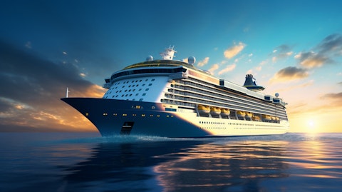 A luxurious cruise ship sailing the deep blue sea, sun glistening off its decks. 