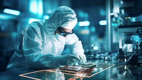 An engineer in a lab coat tweaking a circuit board with intricate semiconductors.