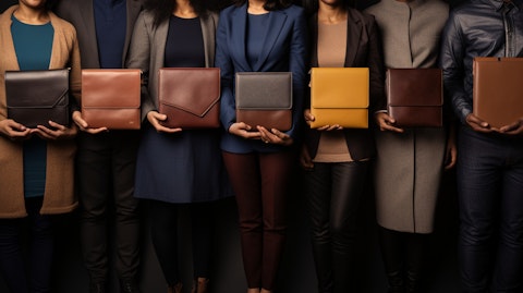 A close-up of diverse group of people wearing the company's small leather goods.