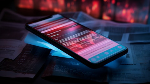 A close-up of a smartphone, its screen alight and displaying the company's communication services.
