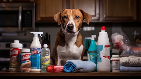 A person enjoying the convenience of their pet products, that simplify clean-up.