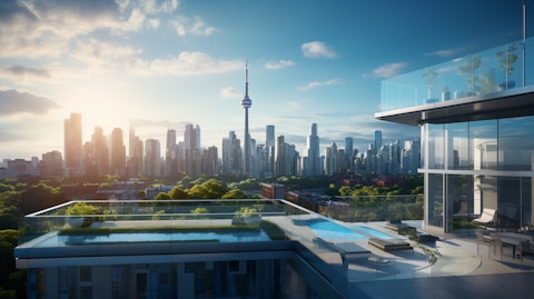 An elegant residential building set against the modern skyline.