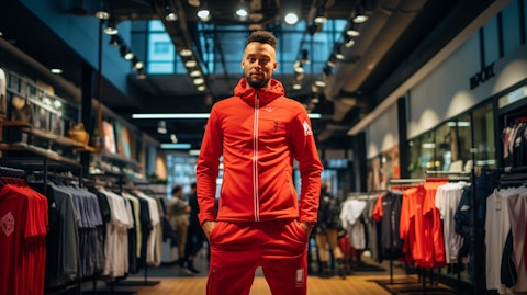 A customer in a specialty concept store wearing a full outfit of apparels and sports gear.