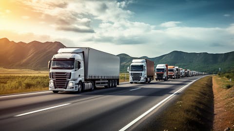 A fleet of trucks travelling on a highway, emphasizing the transportation Services provided by the organization.