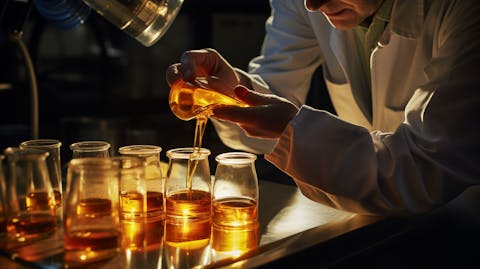 A technician in a lab coat examining a sample of crude oil.