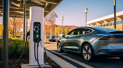 A state-of-the-art electric vehicle charging at a station at a suburban mall.