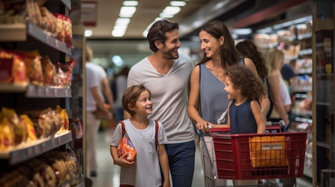 A family happily shopping for everyday items in a specialty retail store.
