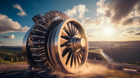 A large turbine generating power from natural gas, smoke rising in the background.