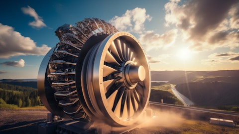A large turbine generating power from natural gas, smoke rising in the background.