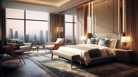 A large hotel room with touches of luxury and hospitality in every corner.