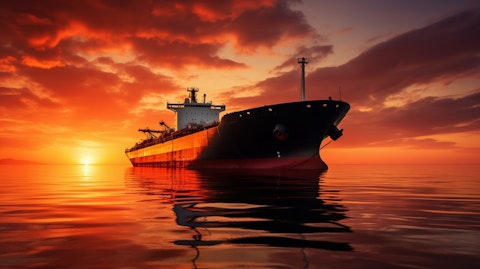 An oil tanker at sunset, symbolizing the company's supply of global crude oil.