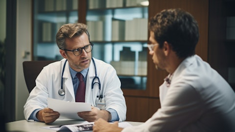 A doctor and a patient discussing a therapy plan that includes pharmaceutical products.