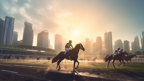A city skyline looking down on a busy racetrack with jockeys on horseback.