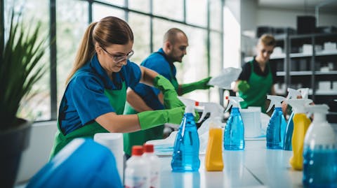 A team of professionals prepping for a training seminar, using professional cleaning products produced by the company.