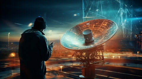 A technician inspecting a satellite dish, highlighting the Mobile Voice and Data Services scope.