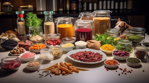 A selection of pet food ingredients being prepared in a kitchen for quality and safety testing.