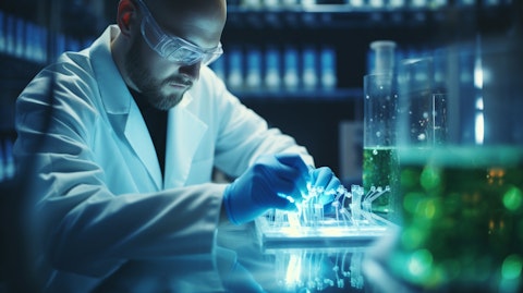 A close-up of a scientist in a laboratory environment, working on a biopharmaceutical product candidate.