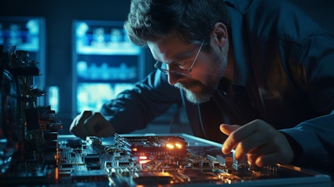 An engineer examining a DC to DC integrated circuit board, looking for any flaws.