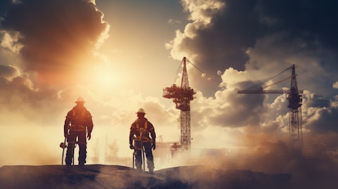 A team of engineers in hardhats drilling for oil, clouds of smoke in the air.