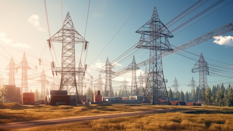A high power electrical transformer station with transmission lines connecting to a power grid.