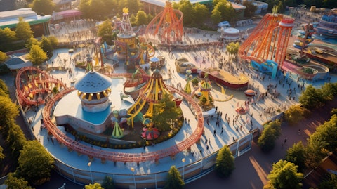 A bird's eye view of an amusement park with rides and attractions.