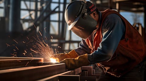 A construction worker using a drill while installing steel framing in a building.