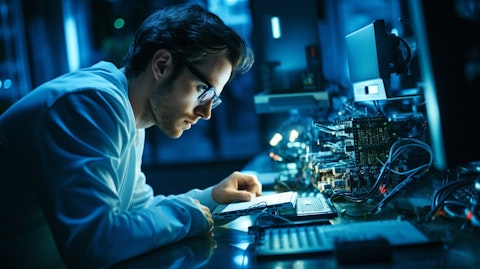 A technician analyzing a sophisticated piece of equipment in a laboratory environment.
