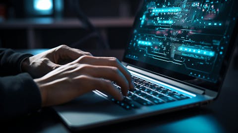 A close-up picture of a software engineer typing code on a laptop.