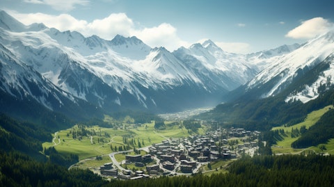 An aerial view of a mountain resort, its snow-capped peaks and lush ski slopes revealed in all their glory.