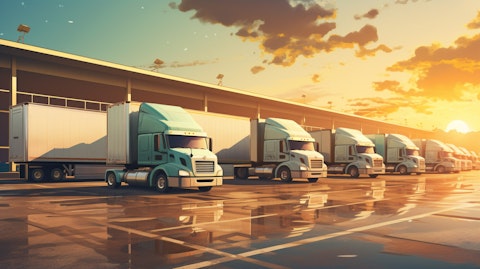 A fleet of trucks leaving a depot, loaded with consumer goods, representing the companies logistical services.