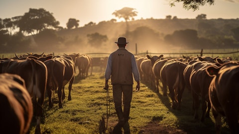 A farmer tending to a herd of cattle with Innovative Parasiticide and Vaccine Products.