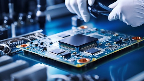 A close-up of a cutting-edge semiconductor product being assembled by a technician.
