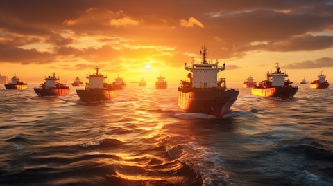A fleet of oil tankers sailing along a rough ocean, the sun setting in the horizon.