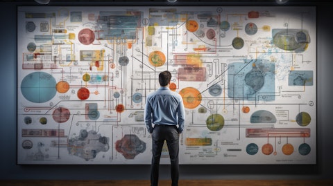 An engineer with a diagram of a systems analysis, illustrating the complexity of its product suite.
