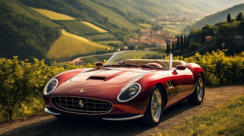 A classic Ferrari sports car against a lush green hillside, symbolizing the company's luxurious performance.
