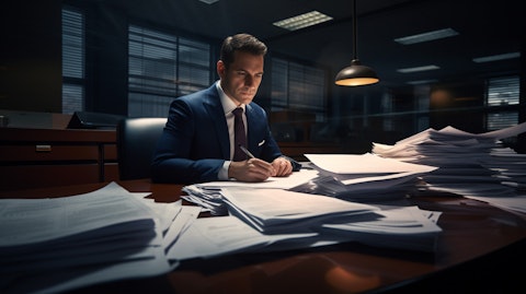 A professional banker with a stack of mortgage papers and a pen in hand, ready to make the deal.