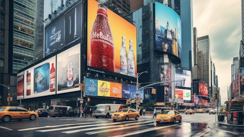 A busy urban street, its billboards showing advertisements for a variety of national and local brands.