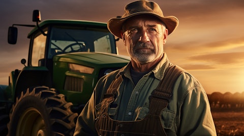 A farmer surrounded by a field of crops, his tractor parked in the background.
