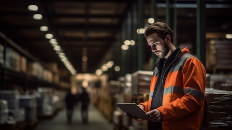 A tech-savvy employee testing a real-time location system in a warehouse.