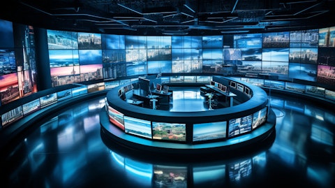 An aerial view of a broadcasting company's television stations, showing the power of the company's media presence.