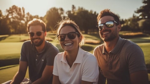 A group of happy golfers basking in the warm sun on a golf course.
