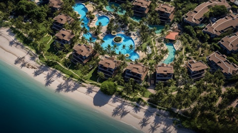 Aerial view of luxury beachfront vacation resorts that are owned by timeshare company.