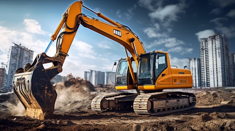 A manned excavator operating on a construction site, revealing the company's commitment to building infrastructure.