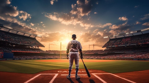 A professional baseball player at bat with the stadium crowd and the setting sun in the background.