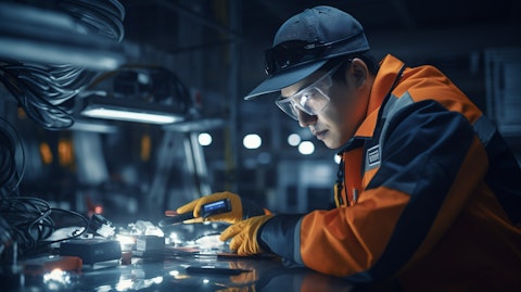 A worker utilizing a vision sensor to verify discrete items.