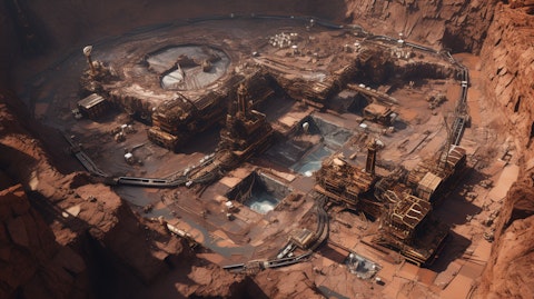 An aerial view of a copper mine, showing the intricate workings of heavy machinery.