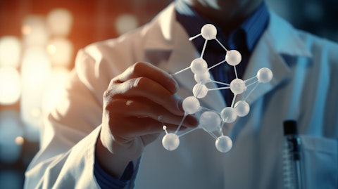 A scientist in a lab coat holding a vial of drug encapsulation and a molecular structure diagram.
