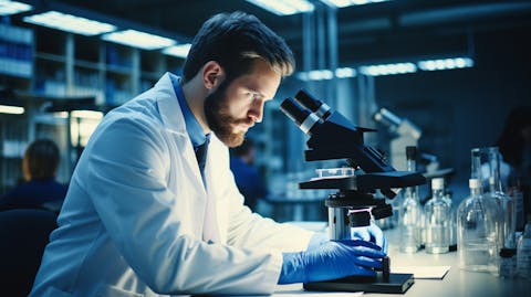 A research scientist looking through a microscope in a lab, symbolizing the biopharmaceutical company's innovative approach to medical treatments.